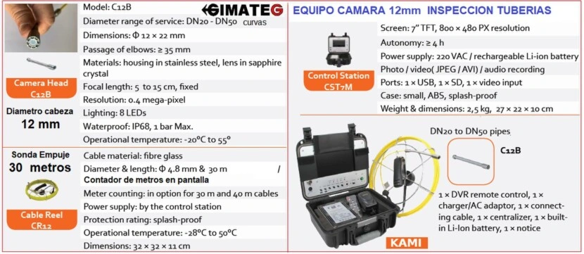 datos camara 12mm x30metros inspeccion tubos +contador GimateG