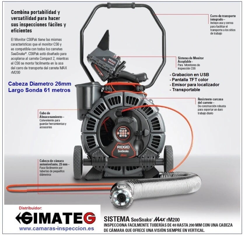 camara inspeccion diametro 25mm 61metros gimateg tuberias