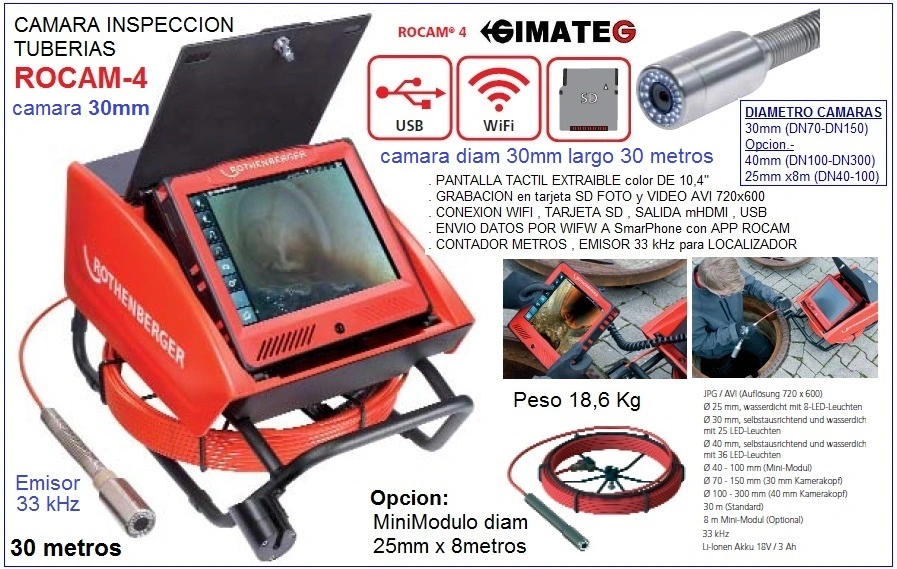camara inspeccion tuberias largo 30metros Rocam 4 con wifi gimateg