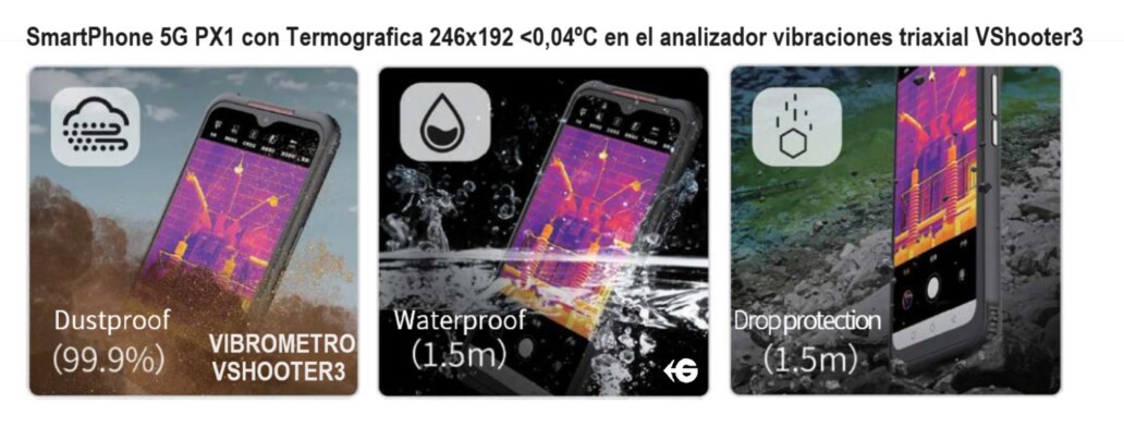 Telefono+termografica vibrometro triaxial foto maquina y color ISO 10816 VSHOOTER3IR GimateG